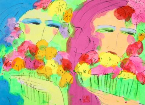 Walasse Ting - Women with flower bouquets.
