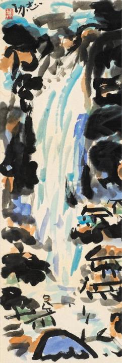 Shikô Munakata - Hängerolle. Landschaft mit Wasserfall. Tusche und Farben auf Papier. Bez.: Shikô. Siegel: Muna.