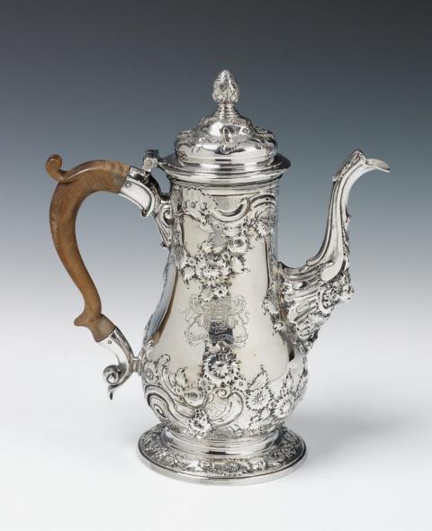 Benjamin Gignac - A George II London silver coffee pot. Engraved with the arms and device of the Cockburn family. Marks of Benjamin Gignac, 1753.