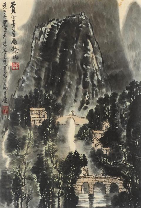 Keran Li - Mountain landscape with bridges. Hanging scroll. Ink and colours on paper. Inscribed Keran and sealed Li and Keran.