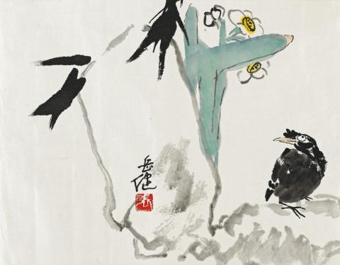 Yuejian Zhang - Myna bird and narcissus on a rock. Unmounted. Ink and colours on paper. Signed Yuejian and sealed Zhang.