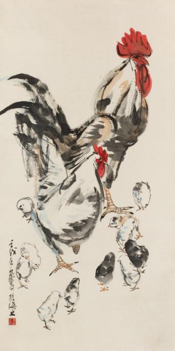 Zhou Huang - Rooster, hen and chicks. Hanging scroll. Ink and colours on paper. Inscribed Huang Zhou and sealed Huang Zhou zhi yin.