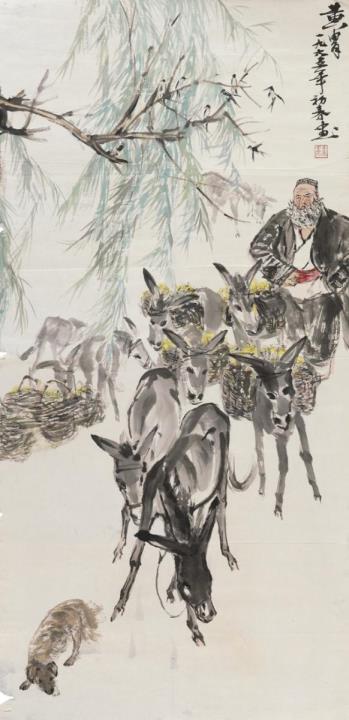 Zhou Huang - Old man with donkeys. Unmounted. Ink and colours on paper. Dated 1965, inscribed Huang Zhou and sealed Huang Zhou hua yin.
