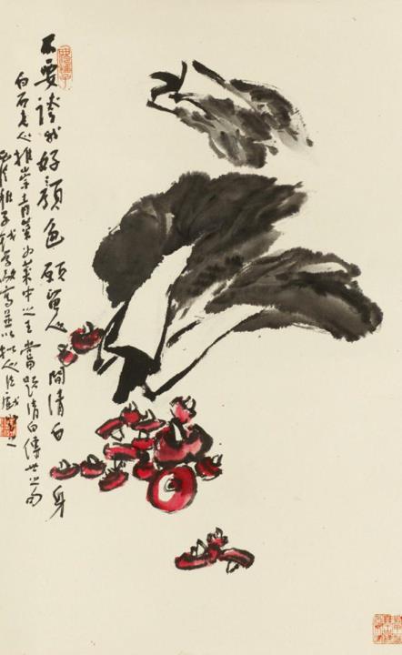 Xuejing Qian - Three hanging scrolls depicting different fruits and vegetables. Ink and colours on paper. Inscription, signed Hangzhou Qian Xuejing and sealed Hangzhou Qian Xuejing shuhua and ...
