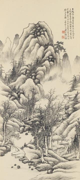 Weipu He - Landschaft. Hängerolle. Tusche auf Papier. Aufschrift, zyklisch datiert: yiwei (1919), sign.: He Weipu, Siegel: He Weipu yin und Shi Sun.