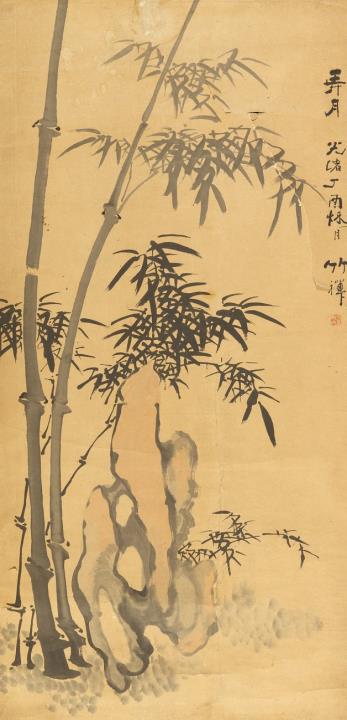Chan Zhu - Bambus und Felsen. Hängerolle. Tusche und leichte Farbe auf Papier. Aufschrift, zyklisch datiert Guangxu dingyou (1897), sign.: Zhu Chan und ein Siegel.