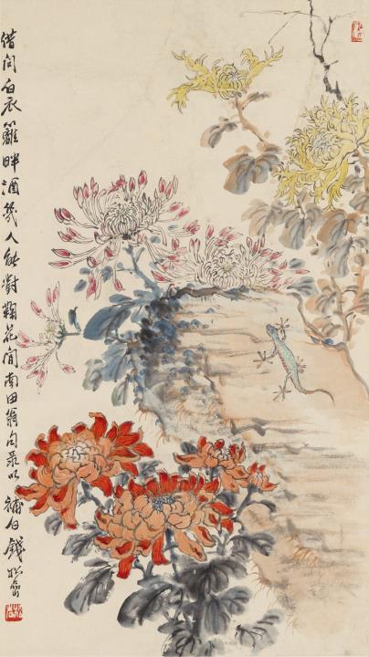Songyan Qian - Chrysanthemen und Eidechse. Hängerolle. Tusche und Farben auf Papier. Aufschrift, sign.: Qian Songyan und Siegel: Songyan und Songyan.
