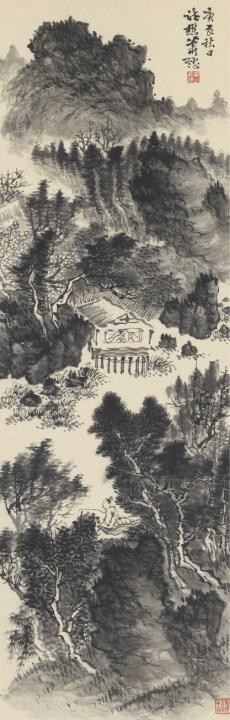 Sun Xiao - Landschaft mit Hütte und Angler. Hängerolle. Tusche auf Papier. Aufschrift, zyklisch datiert gengchen (1940), sign.: Xiao Sun und Siegel: Longshan Xiao Sun und ein weiteres.