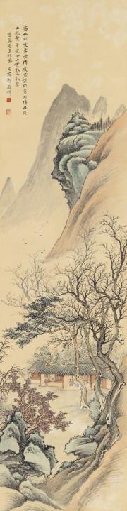 Lanxiang Guo - Landschaft mit Berghütte. Hängerolle. Tusche und Farben auf Papier. Aufschrift, sign.: Shangzhai Guo Lanxiang, Siegel: Heting und Guo.