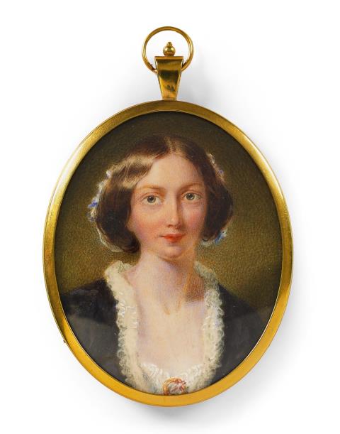 John Henry Mole - An English portrait miniature of a young lady in a frilled black dress.