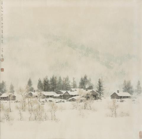 Di Song - Dorf in Winterlandschaft. Tusche und leichte Farben auf Papier. Aufschrift, zyklisch datiert yichou (1985), sign.: Song Di, Siegel: Gong Jian, Song Di und Ban yue tang.