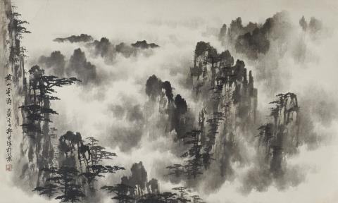 Chuanzhang Guo - Huangshan-Berge. Hängerolle. Tusche auf Papier. Aufschrift, zyklisch datiert bingyin (1986), sign.: Guo Chuanzhang und Siegel: Guo Chuanzhang yin.