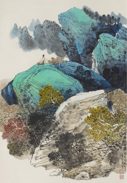 Yisheng Xu - A scholar in a blue and green landscape. Hanging scroll. Ink and colour on paper. Inscription, dated wuchen (1988), signed Xu Yisheng and sealed Cang hai chang tian and Xu Yishe...
