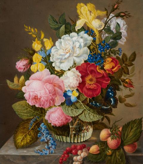 Adelheid Friedericke Braun - Rosen, Iris, Vergissmeinnicht, Hornveilchen und weitere Blumen in einer Glasvase