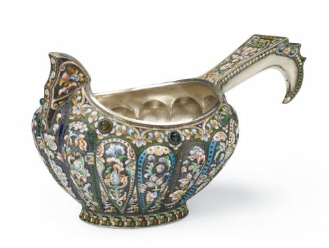 Konstantin Skvortsov - A large silver and cloisonné enamel kovsh