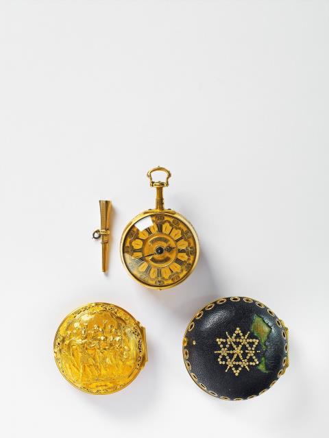 Philip Miège - An 18k gold, fire-gilt metal Louis XV three cases openface pocketwatch with verge escapement and quarter-hourly repetition