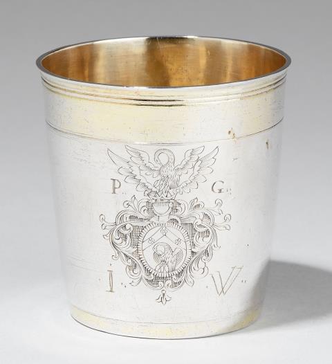  IAK - A Weilheim silver beaker. Monogrammed "P.G.I.W.". With remains of gilding. Marks of Master IAK, ca. 1700.