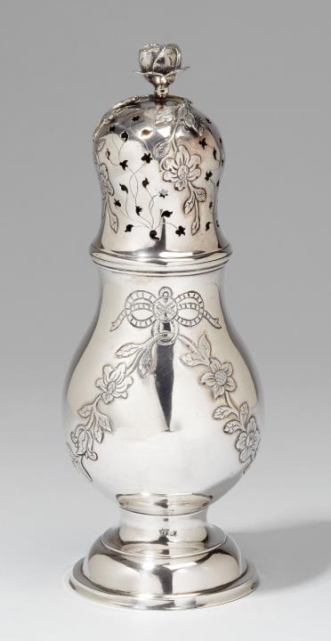 Johann Ernst Hertel - An Anklam silver sugar caster. Monogrammed "D.H.Z." to the underside. Marks of Johann Ernst Hertel, ca. 1785 - 90.