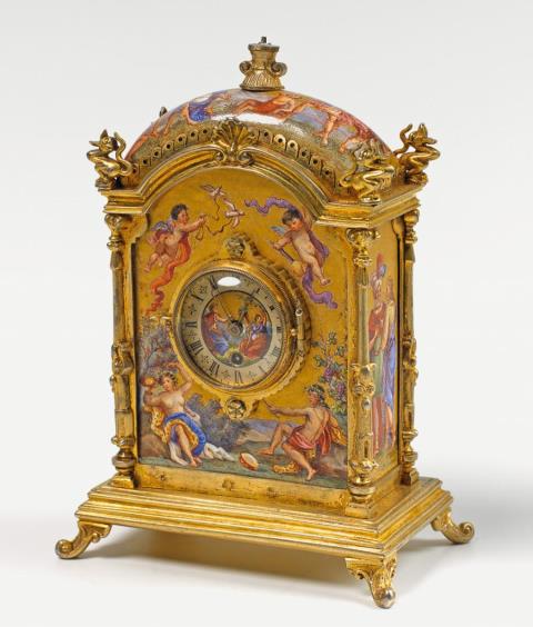 Hermann Ratzersdorfer - A rare Vienna miniature copper and enamel ornamental clock