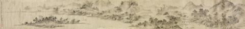 Shichen Xie - Landscape in the style of Mi Yanhui. Horizontal scroll. Ink on paper. Inscription, dated renchen (1532), inscribed Xie Shichen and sealed Xie Shichen yin and Chuxian. Colophon.