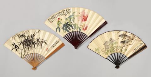 Bin Liu - Three fans. Ink and colour on paper. Each with a long inscription on the reverse. a) A pair of birds on flowering branches. Dated cyclically wuchen (1928), signed Yusheng Liu Bi...
