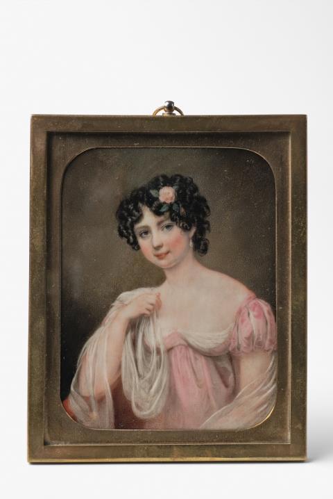 John Cox Dillman Engleheart - A portrait miniature of a lady in a white stole