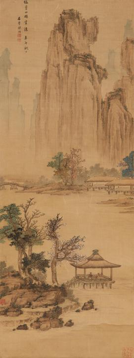 Gao Chen - Mountainous river landscape. Hanging scroll. Ink and colour on silk. Inscription, dated cyclically xinmao (1891), signed Shiqin Chen Gao and sealed Chen Gao, Shiqin, one more se...