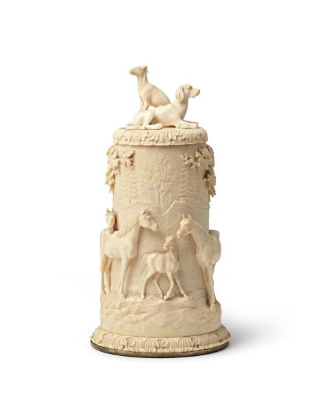 Friedrich Hartmann - A small ivory tankard with horses and dogs