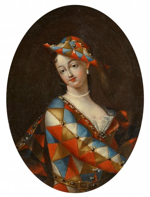Giovanni Domenico Ferretti - Portrait of a Lady in a Harlequin Costume