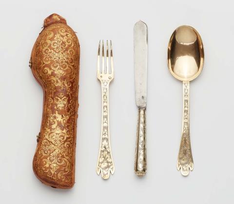 Johann Martin Schmidt - An Augsburg Baroque silver gilt travel cutlery set