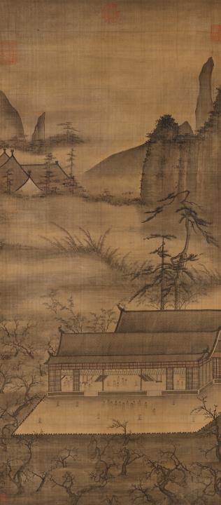Lin Ma - A landscape with a temple. Hanging scroll. Ink on silk. Inscribed Ma Lin, sealed Ma Lin and three collector's seals.