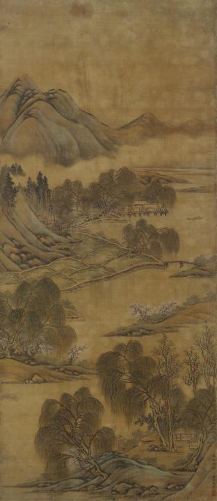 Dai Tang - Landschaft im Stil des Zhao Lingrang. Hängerolle. Tusche und leichte Farben auf Seide. Aufschrift, sign.: Tang Dai und Siegel (unleserlich).