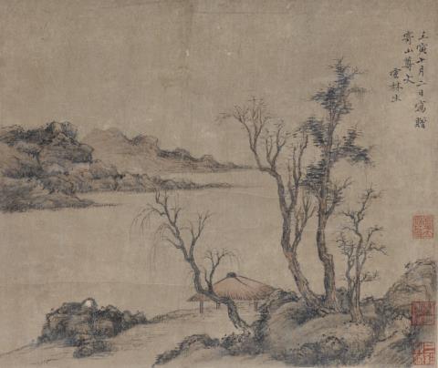 Zan Ni - A river landscape with a pavilion. Hanging scroll. Ink and light colours on paper. Inscription, dated cyclically renyin (1362), inscribed Yunlin sheng and three collector's seal...