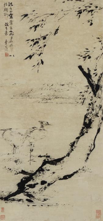 Shizhuo Li - A pair of water birds by a river. Hanging scroll. Ink on paper. Inscription, signed Li Shizhuo, sealed Qin Zhai and three collector's seals.