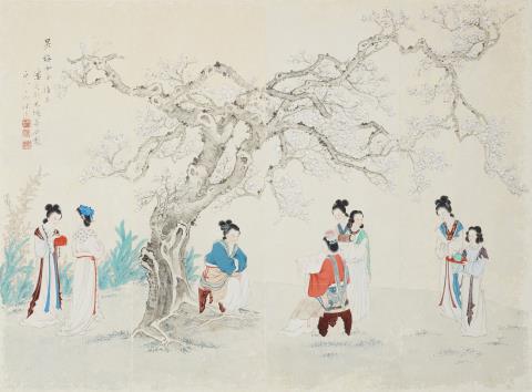 Suihua Mao - Beautiful ladies at leisure below a flowering plum tree. Ink and colour on paper. Inscription, signed Xiling Shijia bujing, sealed Xiling Shijia, Meng Yan ... zuo and Pan Zhenze...