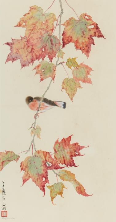 Ying (Wong Ying) Wang - Autumn leaves and a bird. Ink and colour on paper. Inscription, signed Wang Ying, signed in pinyin and dated Wong Ying 1981 and sealed Wang Ying. With silk mounting, framed and ...