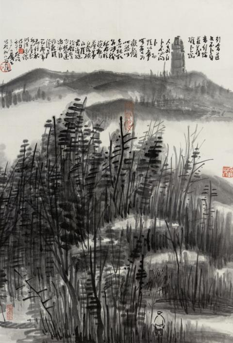 Mi Zeng - Two paintings. a) A pagoda at night. Ink on paper. Signed Sanshi xiang zhu, sealed Zeng, Shilou zhu and three more seals. Matted, framed and glazed. b) An abstract landscape. In...