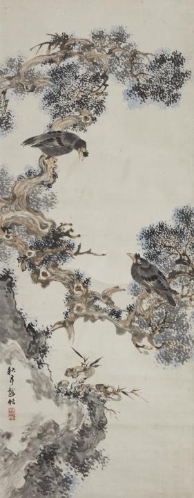 Chinzan Tsubaki - Hängerollen. Zwei Krähen in einem alten Baum mit reishi. Tusche und leichte Farben auf Papier. Aufschrift Shutei...saku (in der Art von ....)  und Siegel: Chinzan in? Zwei Holzk...