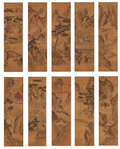 Mei Leng - The Daoist paradise of the immortals. A set of ten hanging scrolls. Ink and colour on paper. One scroll dated cyclically renyin (1722) and inscribed Jinmen huashi Leng Mei and s...
