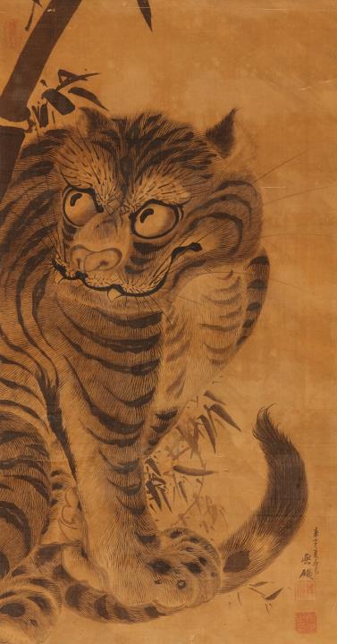 Nikai Ekishu - A hanging scroll, depicting a tiger and bamboo. Ink on paper. Dated cyclically kanoto-i (1791), signed Mugai and sealed Ekishu, Nikai and with a third seal on the upper left. Po...