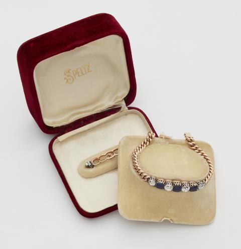 jakob Jakob - A convertible 14 k red gold diamond and sapphire chain bracelet with original case