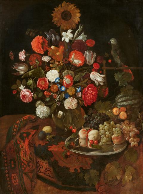 Jakob Rootius - Stillleben mit Blumen, Früchten und Papagei