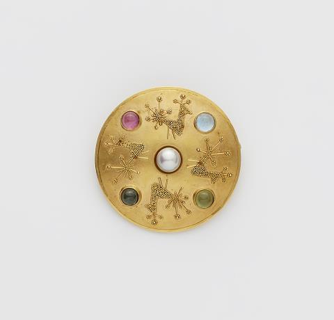 Irmela Grigo - A German 18k gold granulation pearl and coloured tourmaline disc brooch.