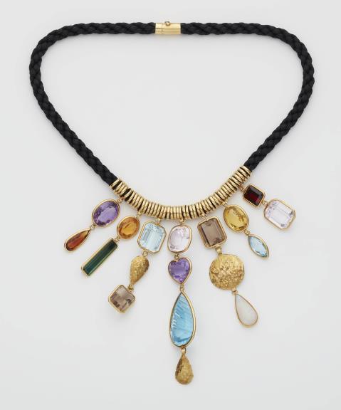 Juwellers H.  Stern - An American 18k woven gold and multicolor gem pendant necklace.