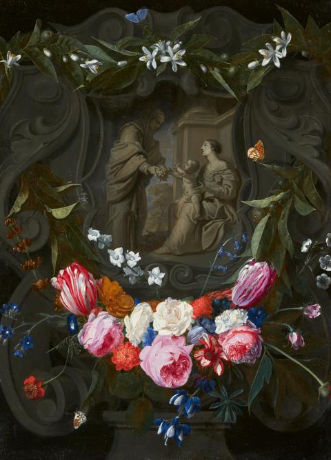 André Bosman - St. Anne handing Grapes to the Virgin and Child. Grisaille Cartouche in a Wreath