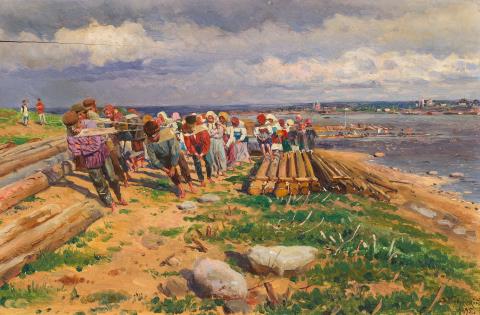 Wladimir Jegorowitsch Makowskij - Woodworkers on the banks of the Volga accompanied by women