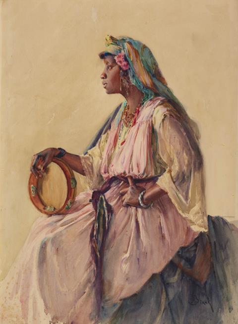 Alphonse Birck - Algerian Dancer holding a Tambourine