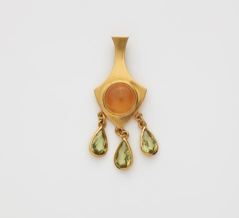 Irmela Grigo - A German 14k yellow gold pendant with fire opal and olivines.
