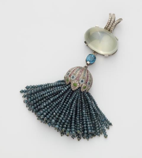 Kirsten Ehhalt-Vusec - A German platinum multi gemstone pendant with diamond tassel.