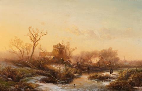 Pieter Lodewijk Kluyver - Winter Landscape with Cottages by a Frozen Canal